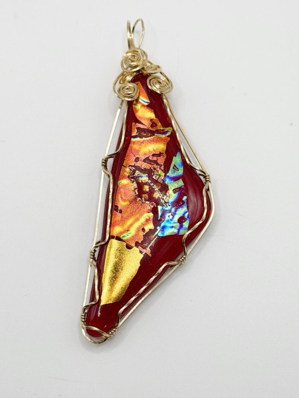 Red Gold Fused Dichroic Glass Wrapped in 14k Gold Filled Wire 4.25”